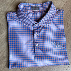 Fennec Men's Blue and Orange Checkered Polo‎ Golf Shirt Size XL Pete Dye Course